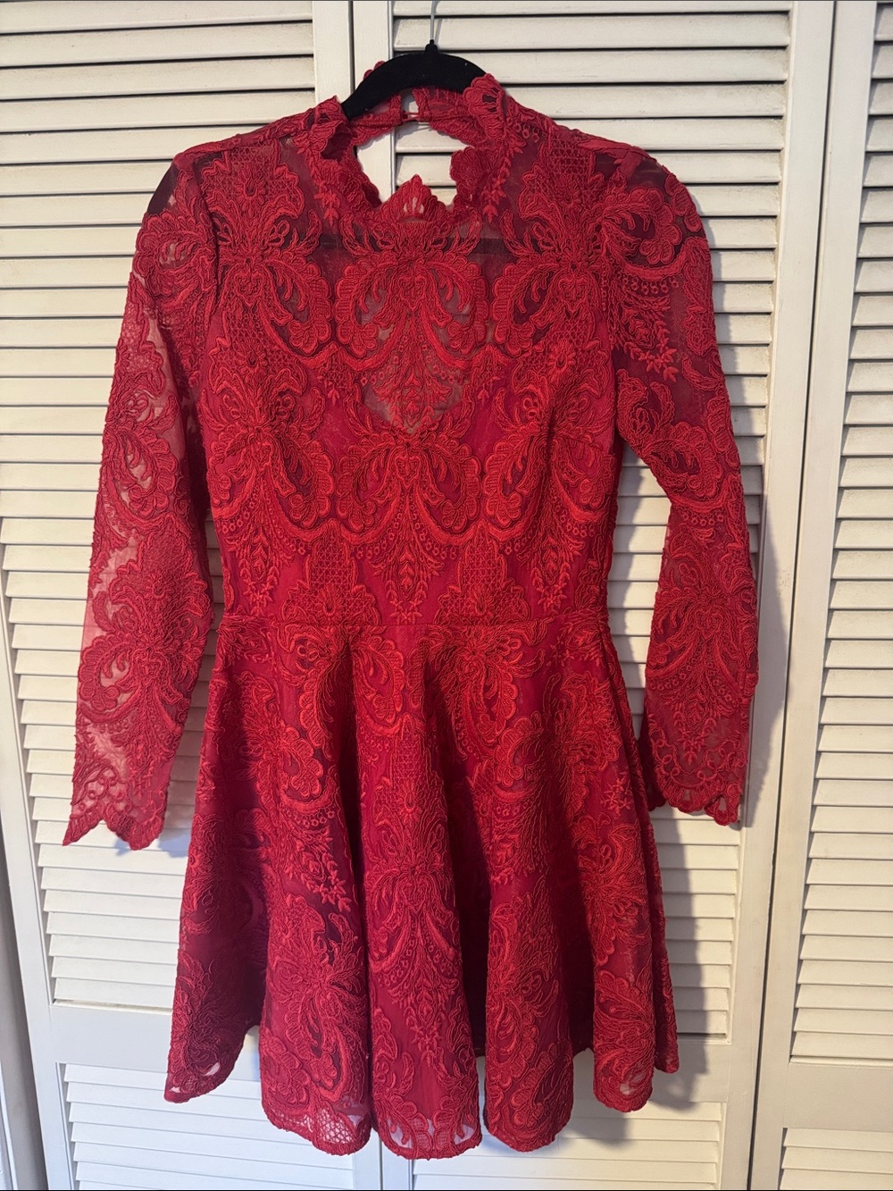 Women’s Red Lace Long-Sleeve Fit & Flare Dress